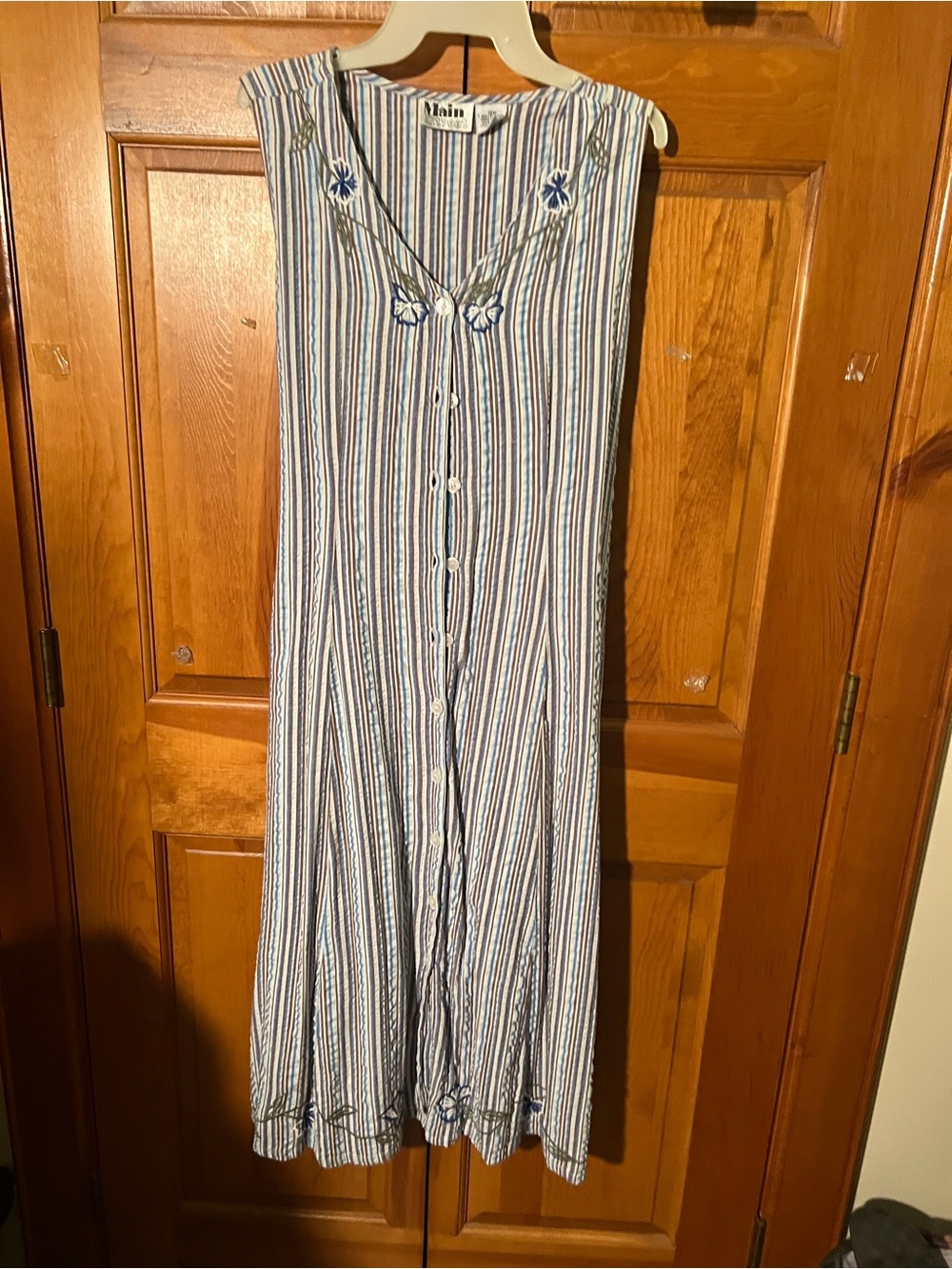 Main Strip Blue and White Striped Midi Dress with Embroidery